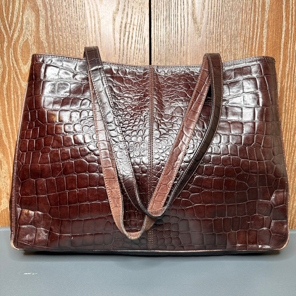 VTG Cristian Italy Brown Croc Embossed Genuine Leather Tote Bag Made in Italy